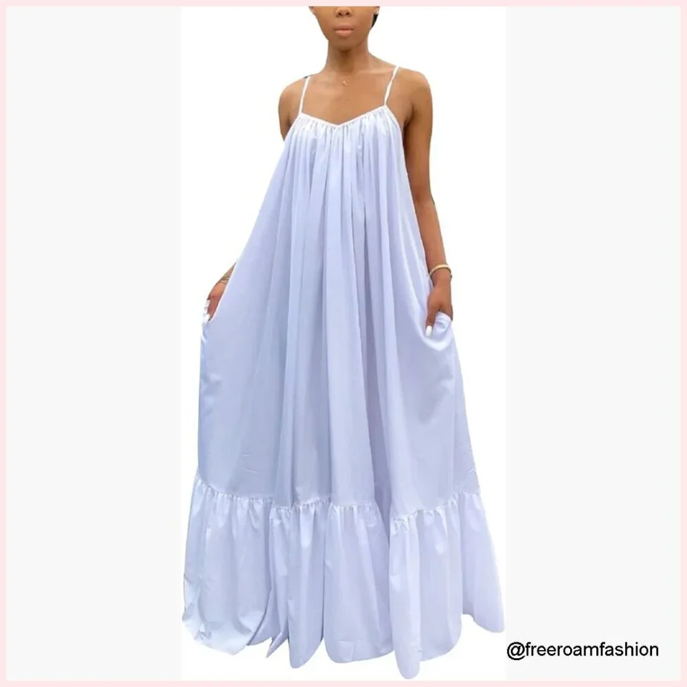 Spaghetti Strap Maxi Dress with Pockets Ruched Ruffle Hem Loose Fit